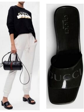 GUCCI Plastique Logo Rubber Heeled Mule Sandals Black Resortwear Minimalist US 8